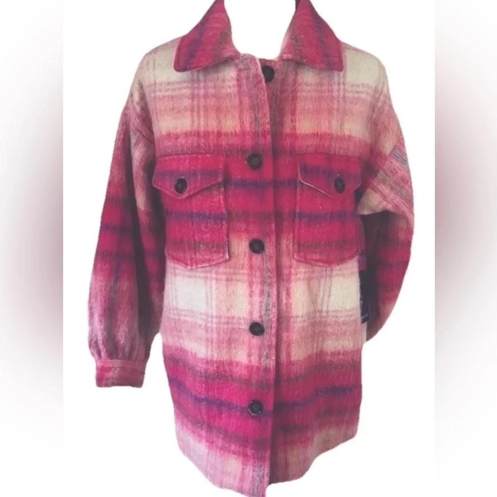 Forever 21 Plaid Flannel Pink Oversized Jacket Wool Blend Women’s MEDIUM New